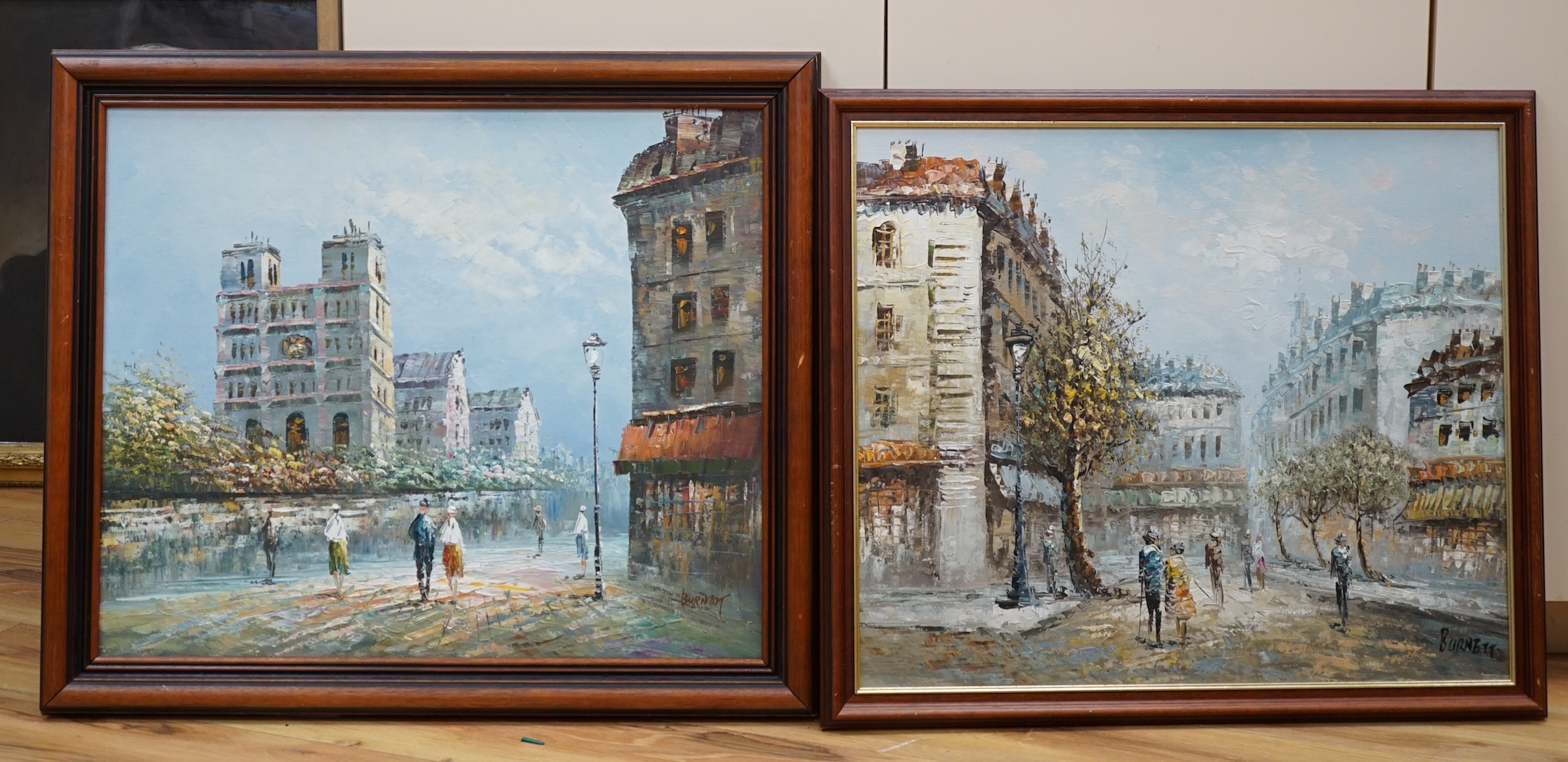 Caroline Burnett (1877-1950), two Impressionist oils, one on canvas, Parisian street scenes, largest 49 x 59cm. Condition - good, some surface dirt